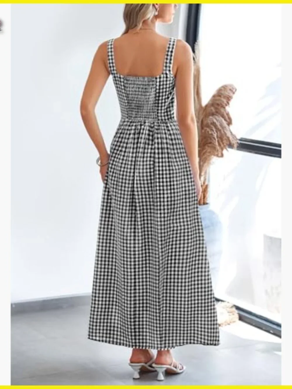 Plaid Square Neck Maxi Dress Spaghetti Strap A-Line Casual Beach Vacation